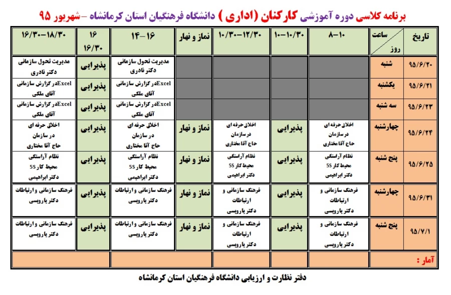 اطلاعیه
برنامه و جزئیات برگزاری دوره های آموزشی کارکنان (اعضای هیات علمی و اداری) 4