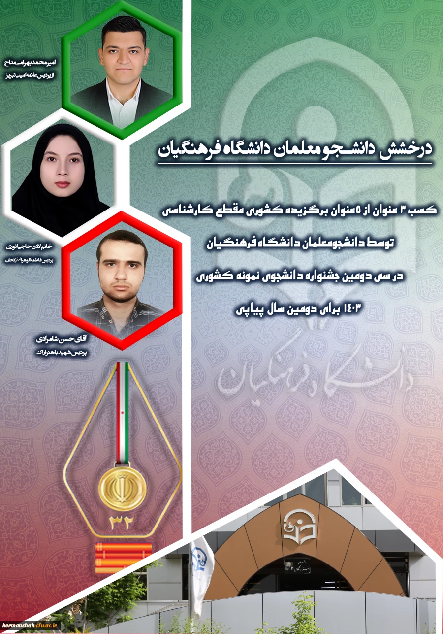 کسب ۳ عنوان از ۵ عنوان برگزیده کشوری مقطع کارشناسی توسط دانشجومعلمان دانشگاه فرهنگیان در سی و دومین جشنواره دانشجوی نمونه کشوری ۱۴۰۳ برای دومین سال پیاپی 2